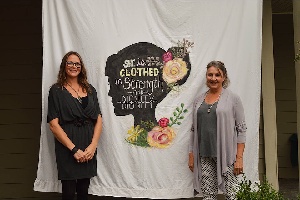 Crystal Wolff, fashion show organizer, and Jan Bate of Cowichan Women Against Violence at the Fall Flow Fashion Show Sept. 12, 2020. (Amelia Beauregard photo)