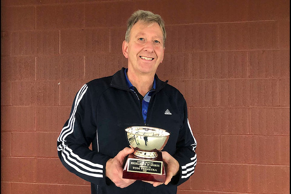 Duncan Christian School athletic director Tom Veenstra received the City of Duncan’s Perpetual Trophy for Excellence and Sportsmanship during a Zoom ceremony in December 2020. (Kevin Rothbauer/Citizen)