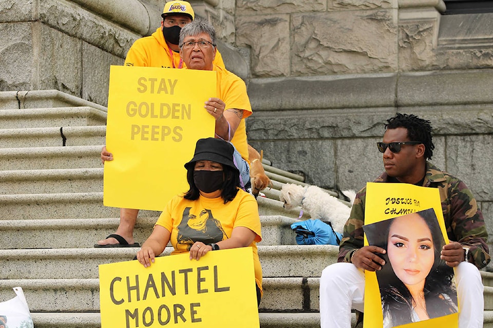 Members of Chantel Moore’s family gathered on the steps of the B.C. legislature on June 4. It was the first anniversary of the 26-year-old mother being fatally shot by a police officer in New Brunswick during what was supposed to be a wellness check. (Jake Romphf/News Staff)