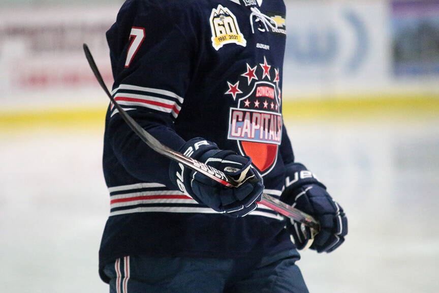 A close-up shot of the Cowichan Valley Capitals’ retro-inspired jersey — celebrating the BCHL’s 60th anniversary — as worn on Oct. 16, 2021 by defenceman Ian Kern. (Kevin Rothbauer/Citizen)