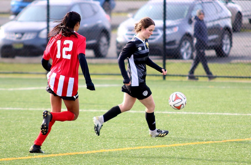 Cowichan United’s Norah O’Reilly-Ryan collects the ball in her team’s end during their 6-0 win over Lakehill at the Sherman Road turf last Sunday. (Kevin Rothbauer/Citizen)