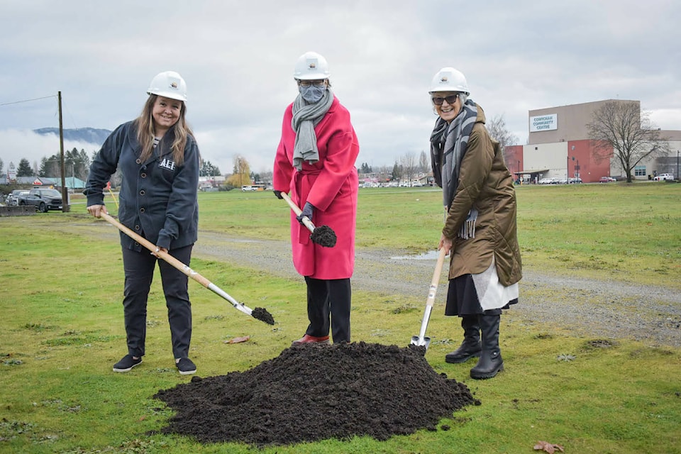 Provincial Education Minister Jennifer Whiteside (centre) is flanked by Cowichan Tribes Councillor Stephanie Atleo and Cowichan Valley School District Board Chair Candace Spilsbury at the groundbreaking ceremony for the new Cowichan Secondary School building on Tuesday, Dec. 14. (Submitted by the Cowichan Valley School District)