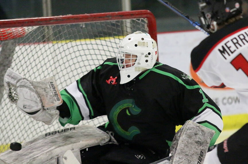 Goalie Jake Hebert makes a stop on Port Alberni scoring leader Jaydon Merritt during the Kraken’s 3-1 win over the Bombers last Friday. (Kevin Rothbauer/Gazette)