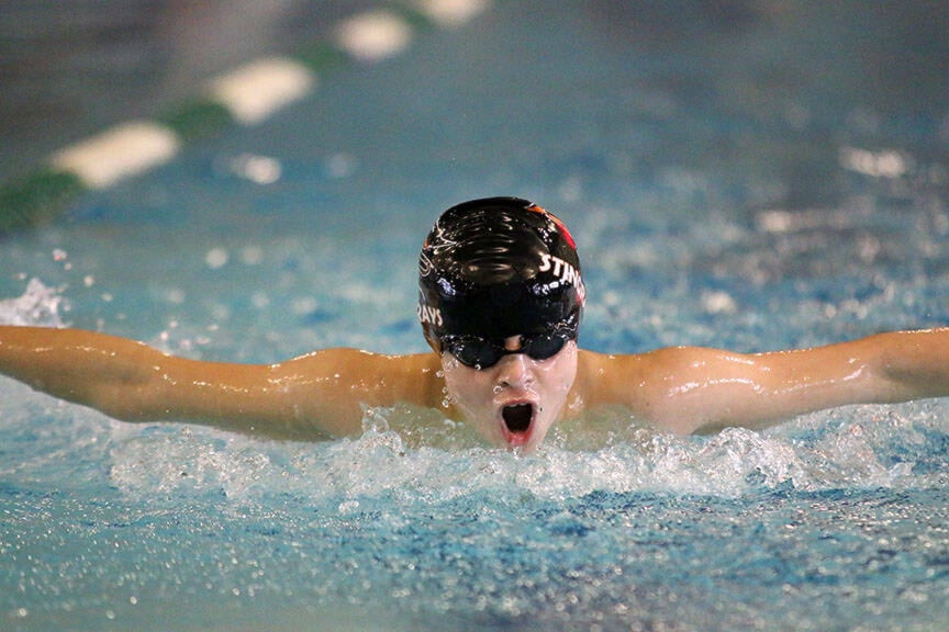 Edward James of the Duncan Stingrays competes in the 12 and under boys 100m butterfly at the 2022 Vancouver Island Regional Short Course Championships on Jan. 29. (Kevin Rothbauer/Citizen)