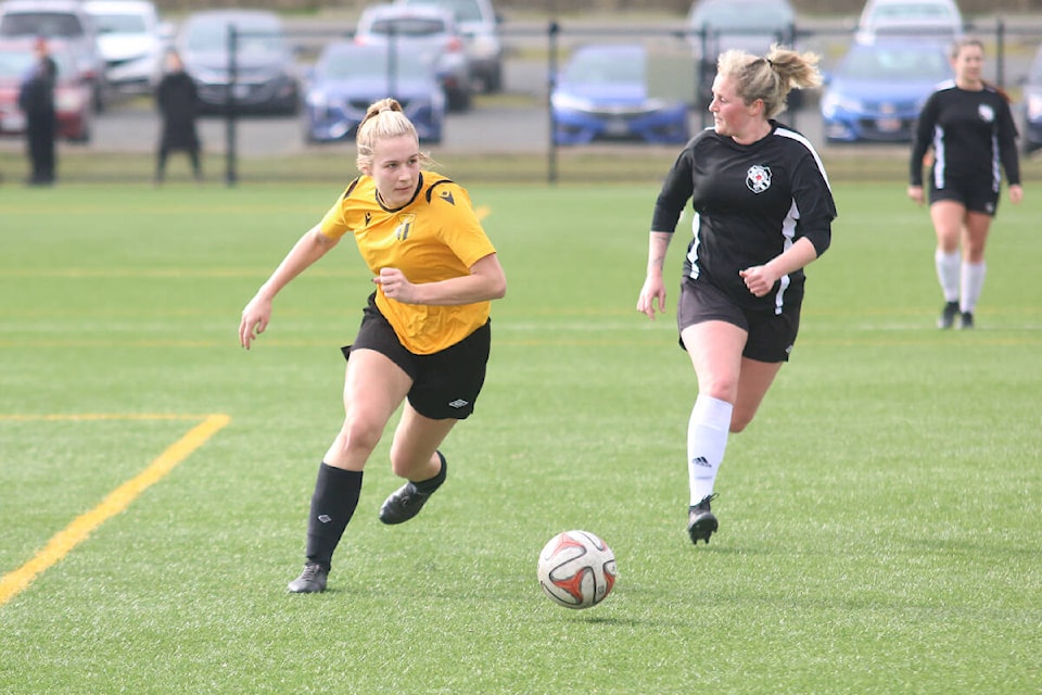 Alyssa Klotz races after the ball during Cowichan United’s 4-1 loss to Gorge in a Doug Day Cup game last Sunday afternoon. (Kevin Rothbauer/Citizen)