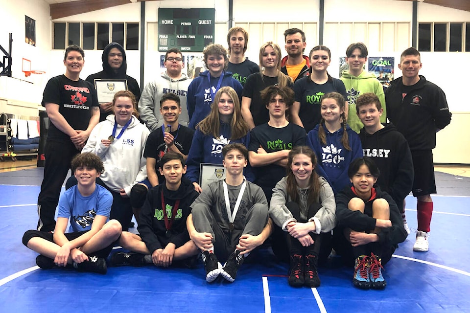Most of the Cowichan Valley Wrestling Club’s provincial contingent reunited at practice on Monday night. (Kevin Rothbauer/Citizen)