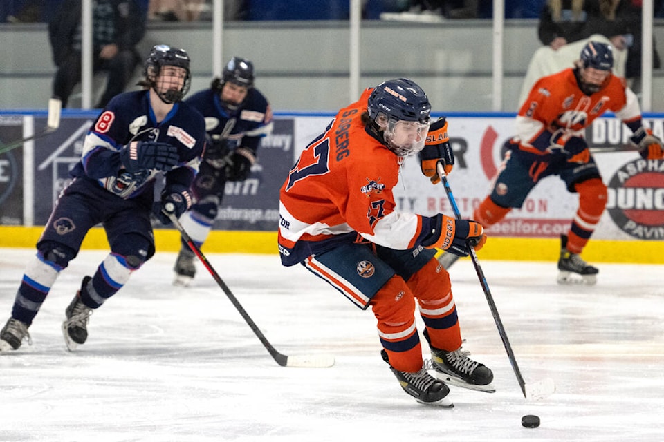 Rookie Mateo Sjoberg scored his team-leading eight goal of the playoffs last Saturday as the Kerry Park Islanders were eliminated from the Vancouver Island Junior Hockey League playoffs with an overtime loss to the Peninsula Panthers. (Todd Blumel photo)