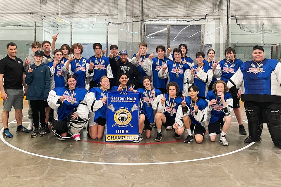 The U16B Cowichan Thunder celebrate their gold medal at the Karsten Huth Memorial Tournament in Kamloops last weekend. (Submitted by Chris Claxton)