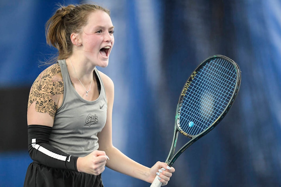 Grace Haugen celebrates a point for the University of Montana. (Montana Athletics photo)