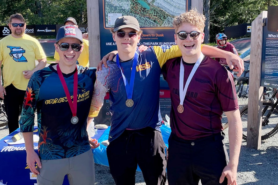 Provincial senior boys enduro medallists Zachary Rebitt (G.P. Vanier, silver), Elijah Barron (Frances Kelsey, gold) and Spencer Young (Cowichan Secondary, bronze). (Submitted by Brad Niessen)