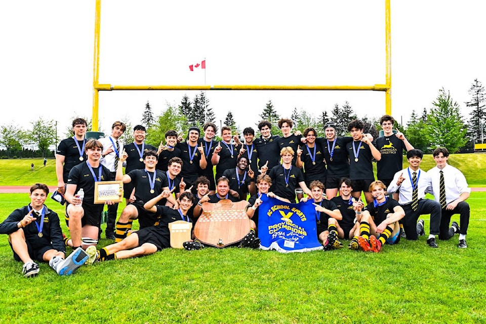 Shawnigan Lake School’s 1st XV celebrates after winning the provincial AAA boys rugby championship. (Arden Gill photo)