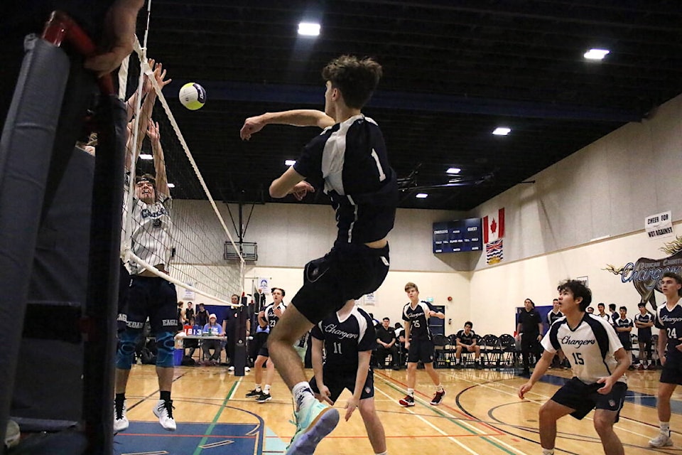 Tournament hosts, Duncan Christian School (in blue), placed 13th in the Provincial Boys ‘A’ Volleyball Championship this past weekend. Here, DCS plays against Cedars Christian School Friday, Dec. 2 at 11 a.m.(Sarah Simpson/Citizen)