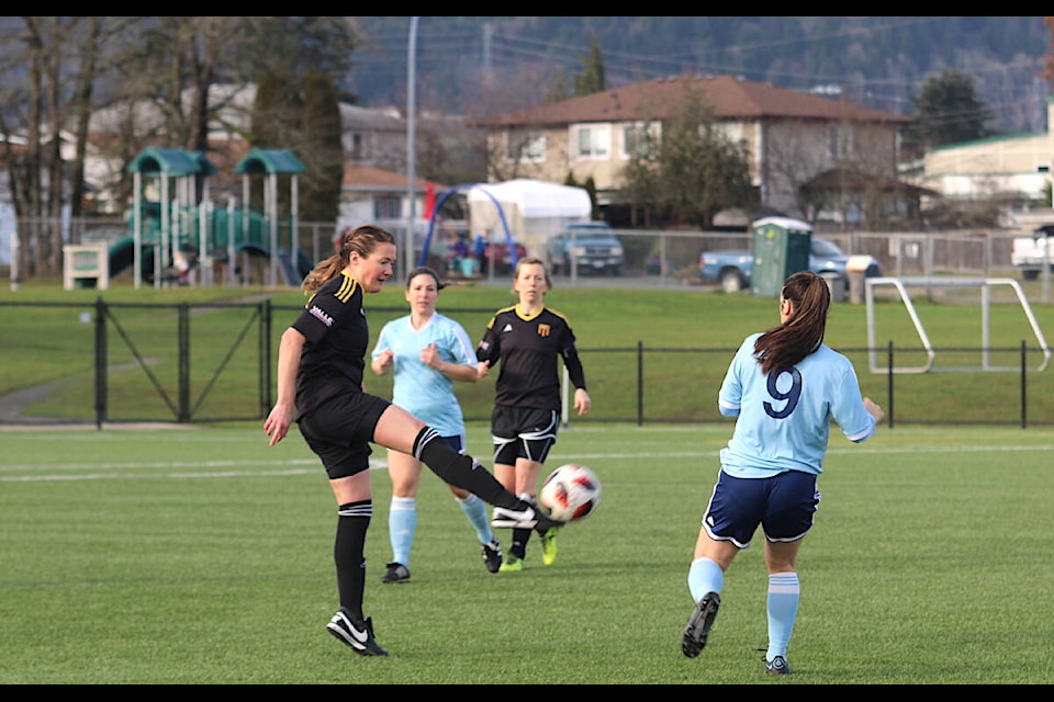 Joeleen Achurch clears the ball from Cowichan’s end during play against Castaway United Sunday afternoon at the Sherman Road turf. (Sarah Simpson/Citizen)