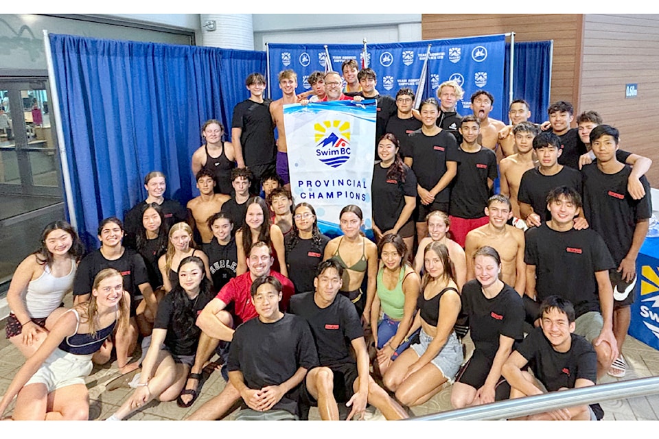 Olympians Swimming with their provincial championship banner at the  at the 2024 Swim BC Summer Provincial Championships in Kamloops July 11-14,