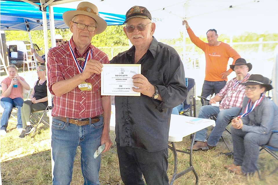 -based Thunderbird Fast Draw member Den Robinson was presented with the 'Bad Eye Lefty' award by Oregon 6Gun Club Promoter, Howard Baker at the Aug 9-11 World Fast Draw Assn championships in Forest Grove, Oregon.