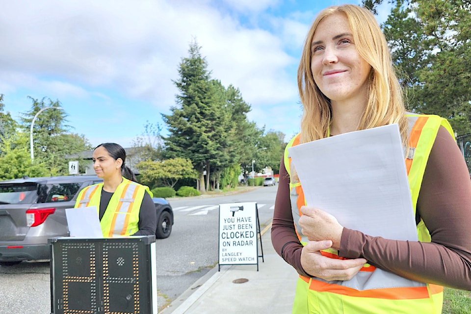 When 91ԭ students go back to classes on Tuesday, Sept. 3, expect  stepped-up speed enforcement in school zones. On Wednesday, Aug. 28, 91ԭ RCMP staffers Gurleen Dhaliwal (left) and Sarah Thiessen were demonstrating a speed reader display at Parkside Centennial Elementary School in Aldergrove.