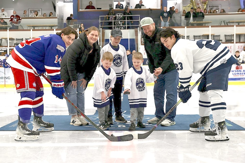 Twin brothers Bennett and Weston Openshaw, who are in remission from Acute Lymphoblastic Leukemia, with older brother Jackson and mom Alisha, dropped the puck at the 91ԭ game in 91ԭ on Saturday, Nov. 30.
