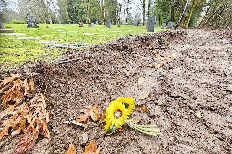 A Township statement said a dig along the northern border of the Murrayville cemetery is part of a plan to fix up the site, which houses a war memorial cenotaph. On Monday, Dec. 16, it appeared wind had blown flowers meant for a headstone into the excavation.