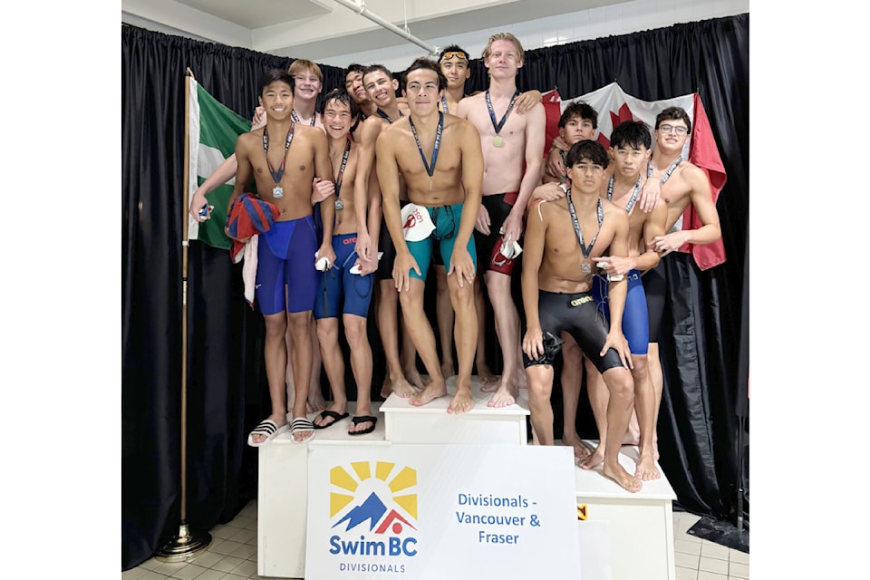 At the Fraser and Vancouver Divisional champions , the 15&O Boys 200m medley relay podium was dominated by Olympians Swimming athletes, taking the gold (Vaughn Sandquist, Tym Kropivny, Owen Turnacliff, Finn Parr), silver (Wilson Wang, Tyse Wagenaar, Declan Murtha, Daniel Lin) and bronze (Andrej Gudelj, Fernando Aguirre, Steven Sun, Daniel Canon).