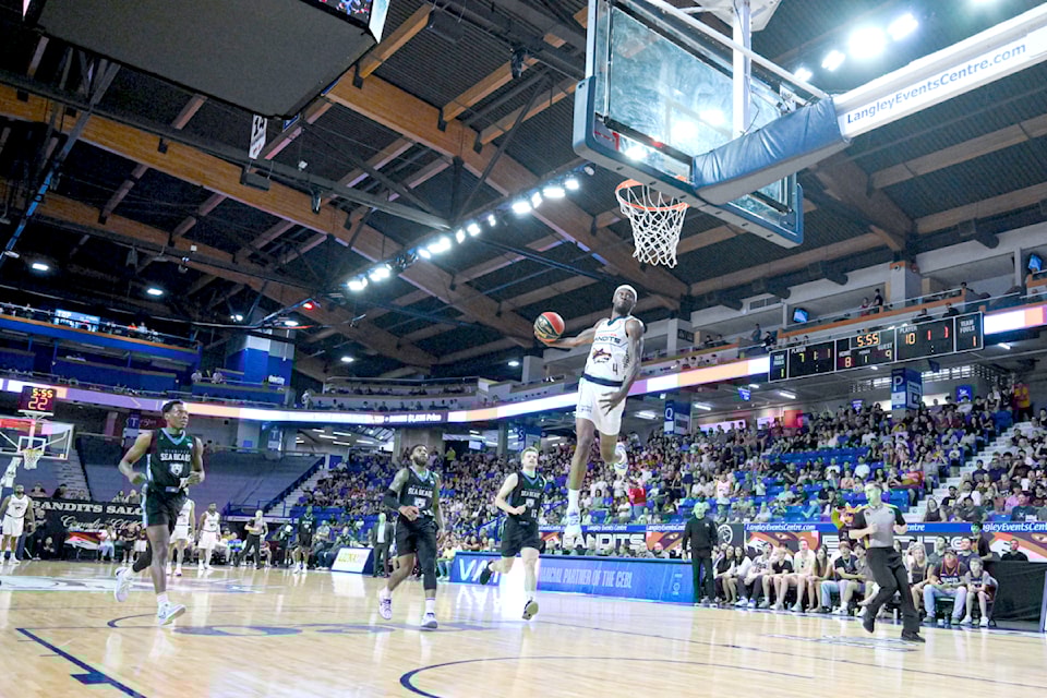 Vancouver Bandits' Taze Moore performed a windmill dunk on Thursday, July 18 in a home game against Winnipeg at 91ԭ Events Centre.
