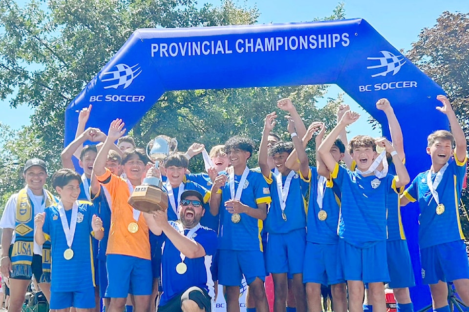LUSA U14 boys celebrated their gold medal win, one of four 91ԭ teams to medal at the 2024 Girls and Boys Provincial B Cup in Kamloops July 4-7