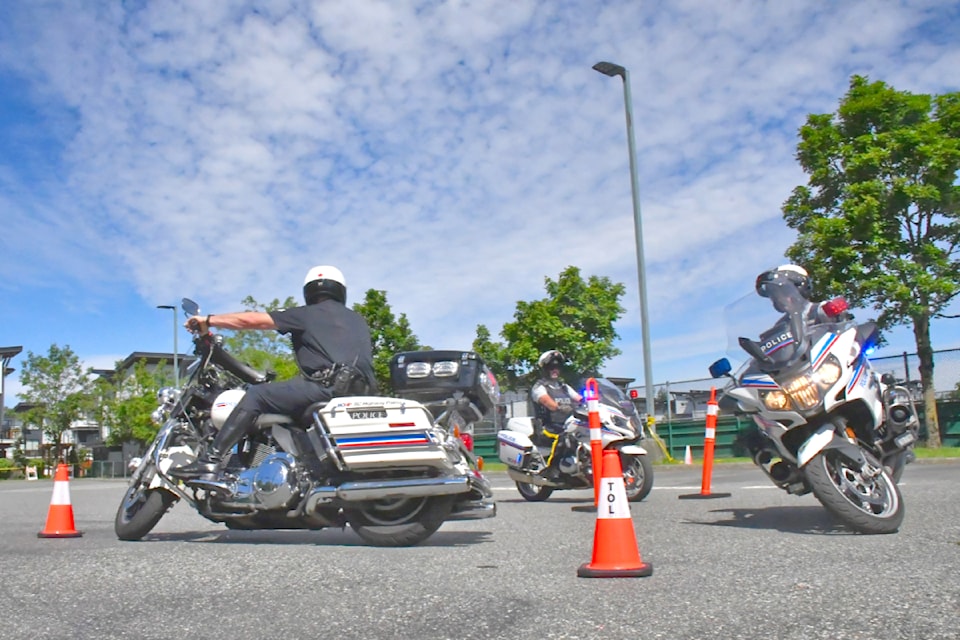 The Integrated Road Safety Unit (IRSU) did precision motorcycle riding at the 91ԭ RCMP open house Saturday, June 8, 2024. (Heather Colpitts/91ԭ Advance Times)
