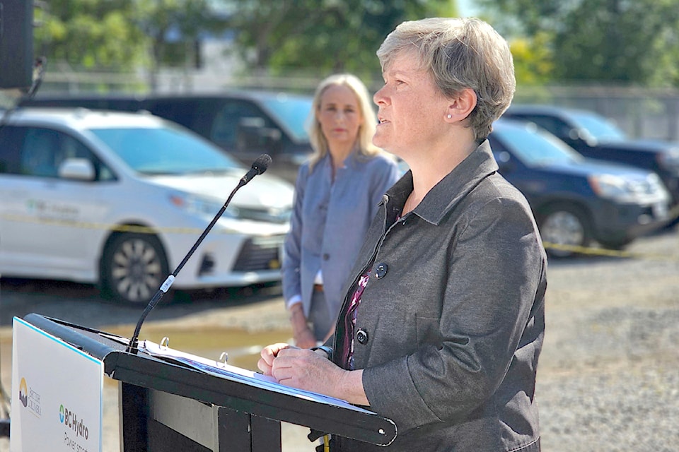 Charlotte Mitha, B.C. Hydro Executive Vice-President of Operations (left), looked on as Josie Osborne, Minister of Ernergy, Mines and Low Carbon Innovation announce a $725 million upgrade to the 91ԭ power grid over the next 10 year at a Wednesday, June 19, briefing outside the B.C. Hydro McLellan substation.