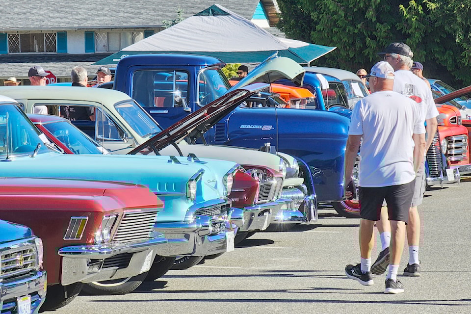 Cars filled the parking lot at the annual Old Farts Car Club cancer fundraiser at the Royal Canadian Legion Aldergrove branch in 2023. This year's even bigger event will run Sunday, July 14, from 8 am to 3 pm. 