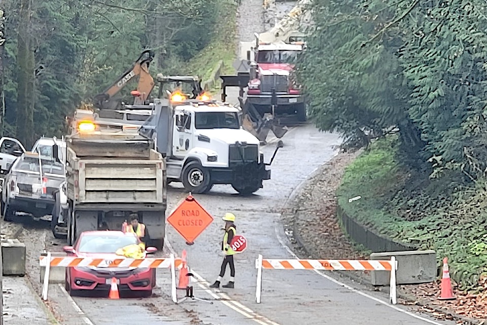  At the end of October, Township crews were seen working on the closed-off section of 40 Ave. near 216 Street, which was shut down on Saturday, Oct. 19 during the first atmospheric river of the season. A Township statement said it is "reaching out to potential suppliers,"  for replacement culverts. 

