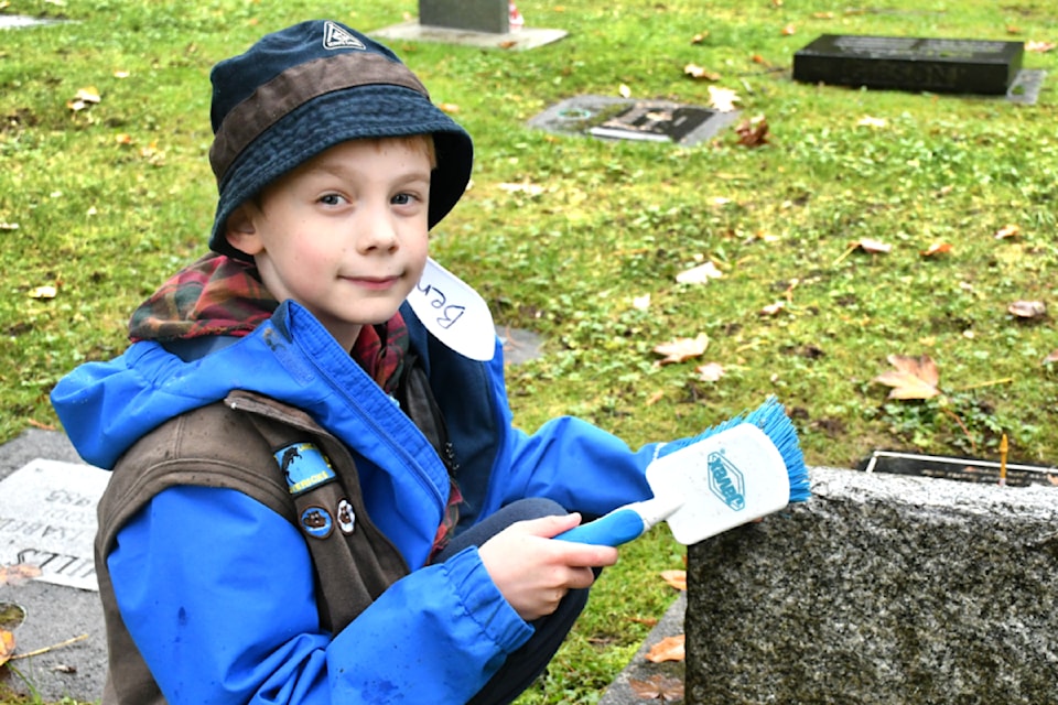 About 33 Scouts, Beavers, and Cubs were cleaning graves at the Murrayville Cemtery on Nov. 9, ahead of the Remembrance Day ceremony. (Kyler Emerson/Black Press Media)