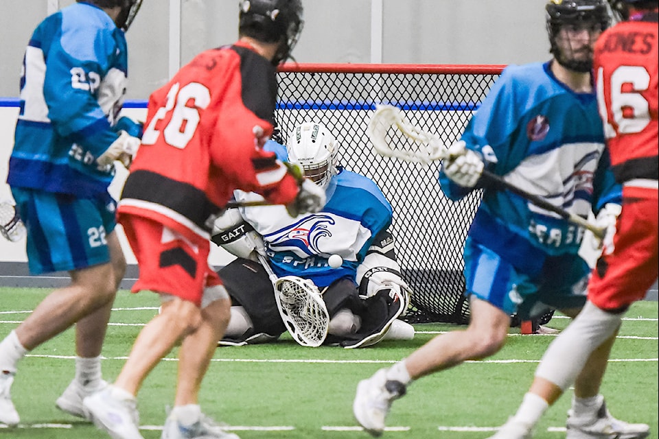 Marc Rippberger makes one of his 50 saves as the Sea Spray won 11-8 in Arena Lacrosse West Division action at 91ԭ Events Centre on Nov. 17. 