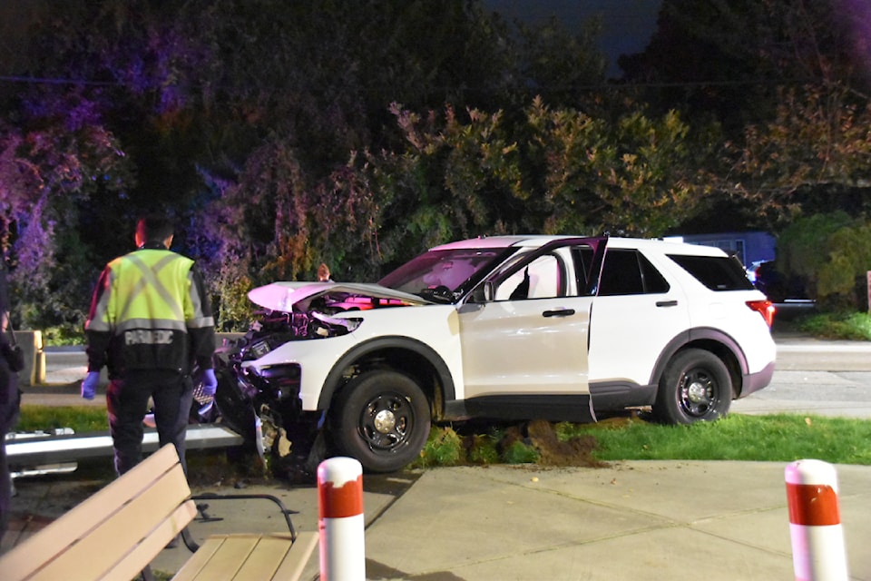 A white RCMP SUV collided with a sedan on the evening of Oct. 3 in Willoughby.