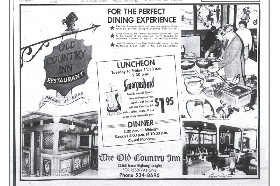 Lanlgey Advance from Sept. 7, 1972. The Old Country Inn used to occupy the building that burned down Oct. 5, 2024, at 205th Street and Fraser highway.
