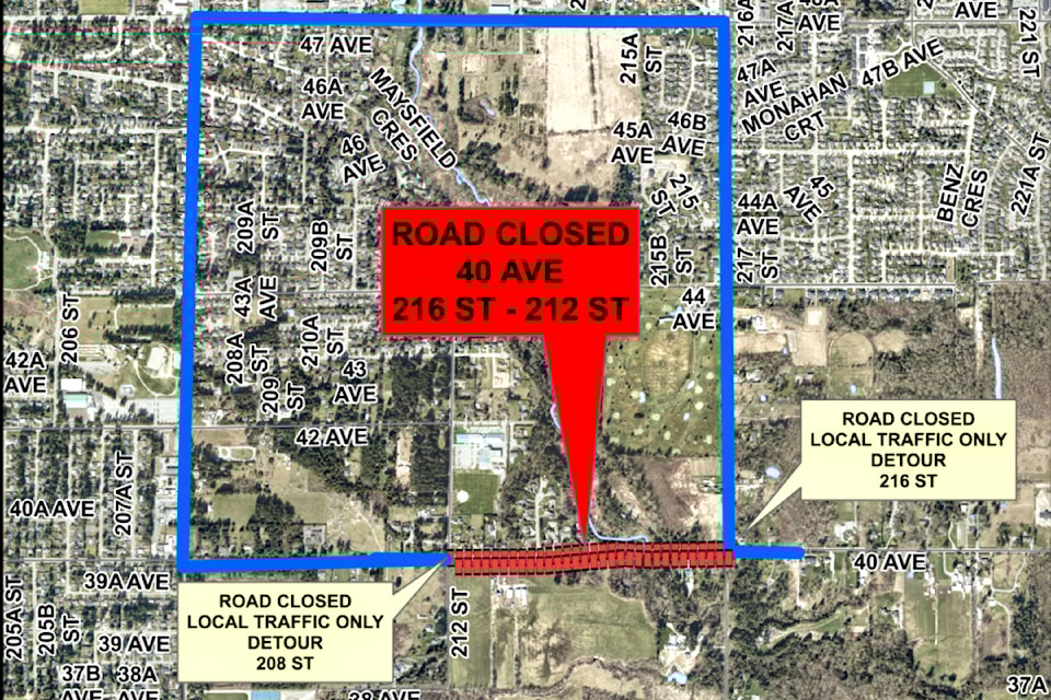 A stretch of 40 Avenue between 212 Street and 216 Street remains closed after heavy rains in mid-October resulted in road problems. 