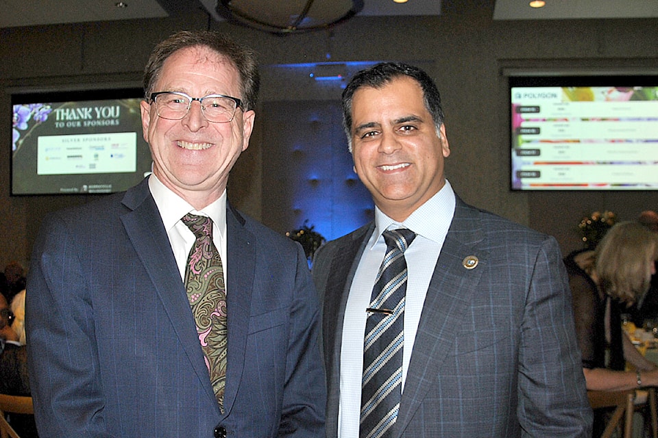 Adrian Dix, the former NDP health minister, attended the recent 91ԭ Lodge gala and took time to congratulate and thank CEO Aly Devji (right) for his team’s efforts in caring for seniors in this community. 
