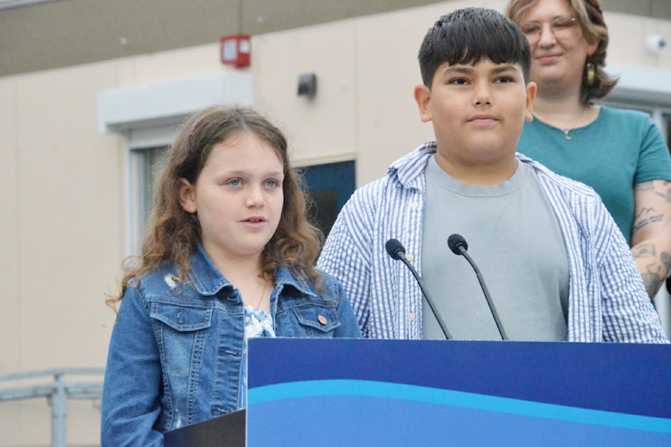 Morgan Crocker, left, and Ethan Stanton, students at Richard Bulpitt Elementary, welcomed the new addition to their school.