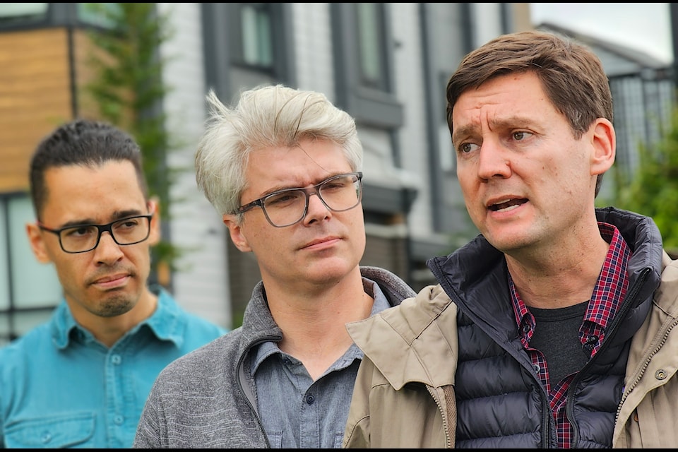 NDP leader David Eby brought his campaign to 91ԭ City for an appearance with local candidates and Mayor Nathan Pachal to warn a Conservative win would end programs to encourage affordable housing.