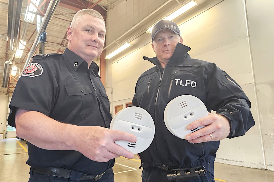 Township of 91ԭ fire department Capt. Mike Duthie (left) and fire inspector Jhim Burwell, with smoke alarms that are the focus of this year's Fire Prevention Week campaign.
