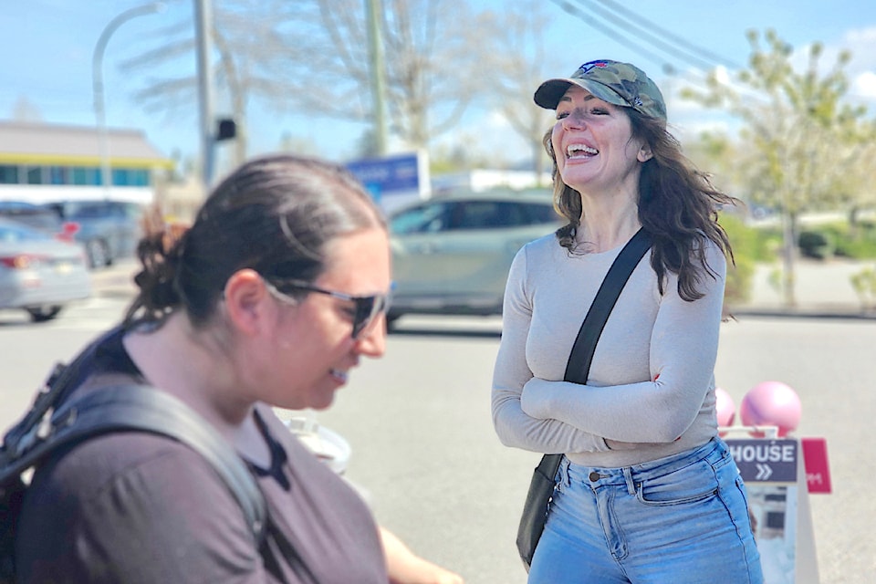 With pending redevelopment of the temporary public plaza in downtown Aldergrove, community events are being relocated. Aldergrove Business Association president Jodi Steeves was greeting visitors to the annual Easter celebration, moved from the plaza site to the FreshCo parking lot near the Gulf & Fraser credit union on April 19.