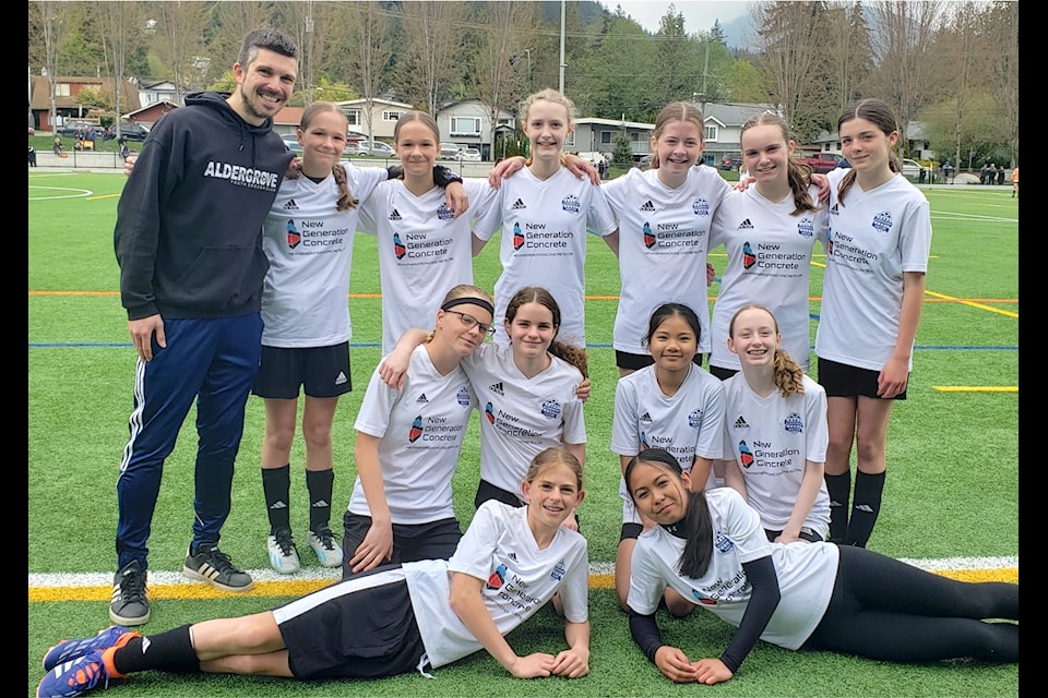 They have reason to smile. The picture was taken after Aldergrove U14 clinched a spot in the Coastal Cup Sunday with a shootout win over North Van Riptide. Aldergrove will play in the final on Sunday, May 4.
