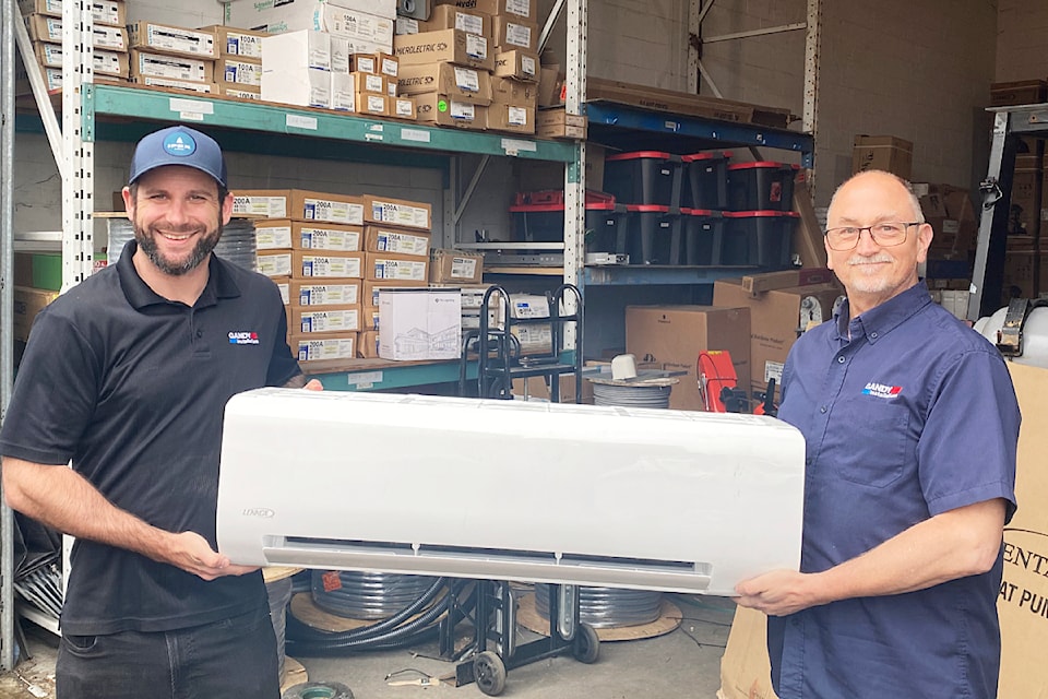 Taylor Gandy and Greg Bloom of Gandy Installations unpack a modern heat pump.