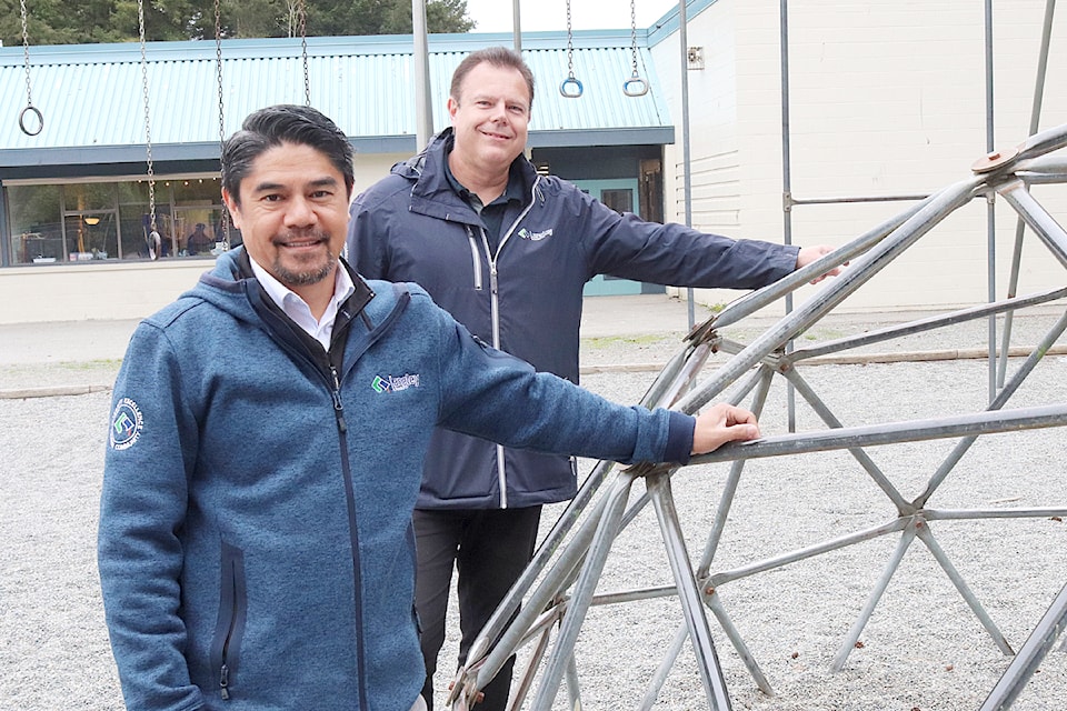Mel Cervantes, the 91ԭ School District’s manager of facilities information, security and grounds (foreground), stands with Noel Booth Elementary principal Jason Malo on the site of Noel Booth’s current playground. Later this year, a new accessible playground will be built in its place.