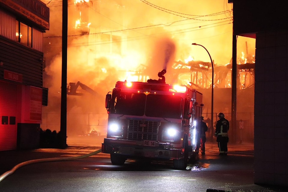Crews from 91ԭ City,  Township and Surrey fire department were on the scene of a blaze that ripped through a residential construction site Sunday morning.