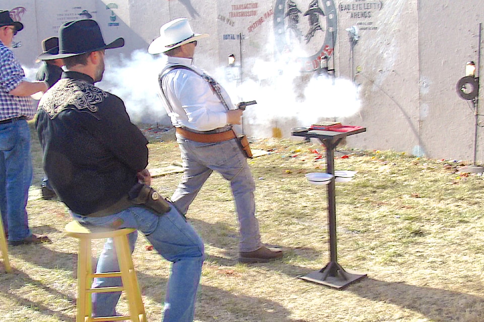 Thunderbird's Shane Johnson (White hat) mixing it up on the line with the other competitors at the Orygun 6 Gun Club contest in Forest Grove, Oregon Aug. 9-10.