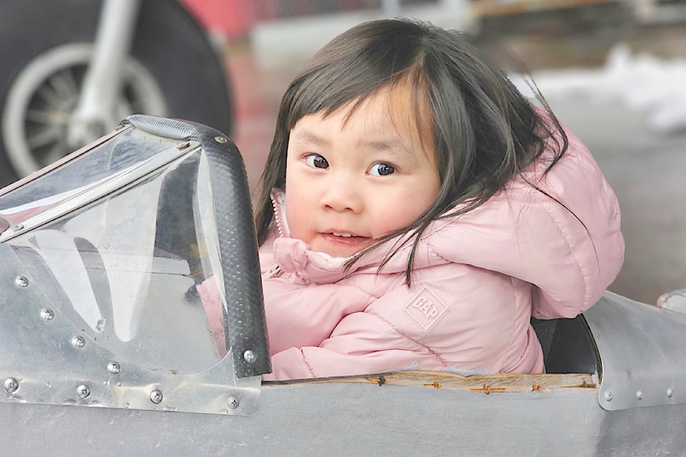 Leah, 2-and-a-half, from Clayton Heights, tried out a kid-sized airplane at the Canadian Museum of Flight on Family Day.