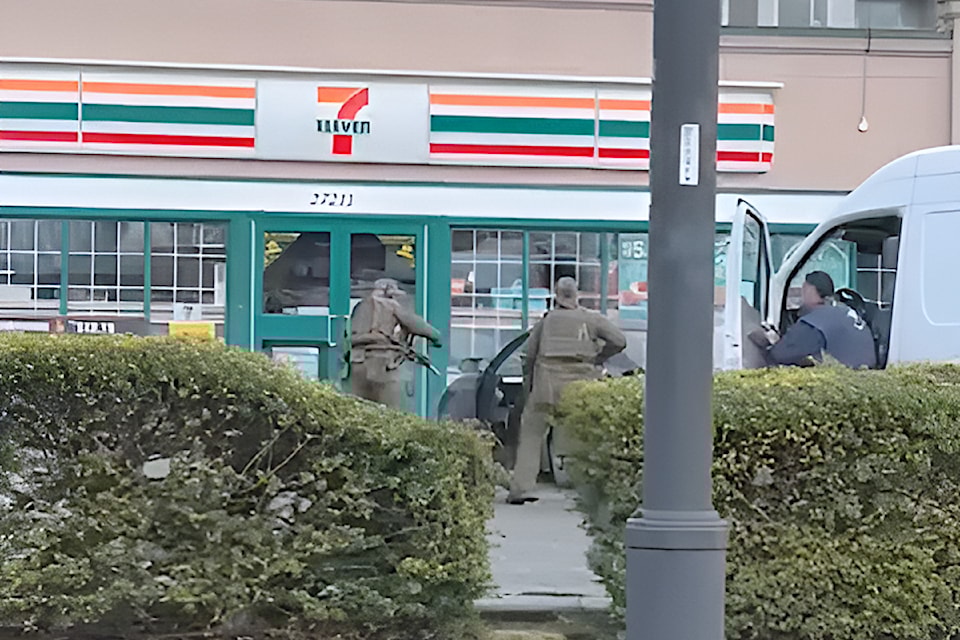 ERT officers were at the 7-Eleven in Aldergrove on Wednesday, Feb. 26, 2025. 