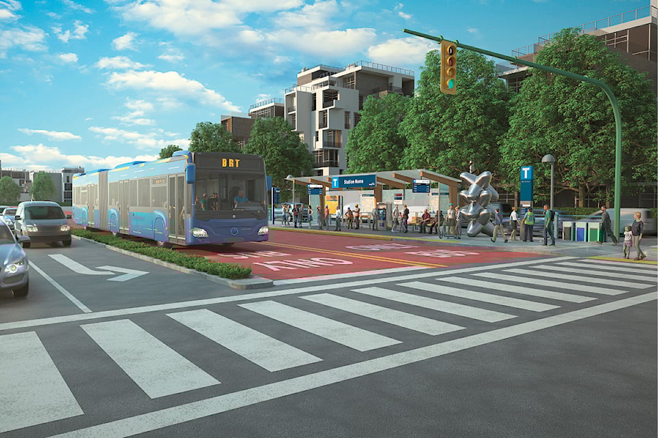 A conceptual drawing shows a future BRT station and separated bus lanes. TransLink hopes to build one BRT route from 91ԭ to Maple Ridge.