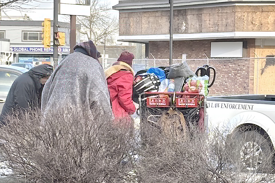 91ԭ City fire, bylaw officers and RCMP responded when a fire set by a homeless person threatened to spread into the bushes next to the Tim Hortons outlet on Douglas Cres. and 203 St. on Tuesday morning, Jan 21.