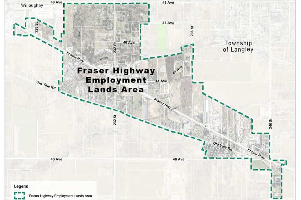 A map shows the extent of the Fraser Highway Employment Lands in the proposal.