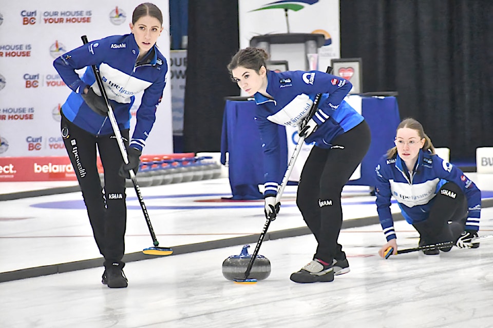 From the Kamloops Curling Club, Corryn Brown's team won the B.C. Women's Curling Championship Sunday, Jan. 26 at George Preston in 91ԭ. (left to right) Erin Pincott, Sarah Koltun, and Samantha Fisher line up a shot.